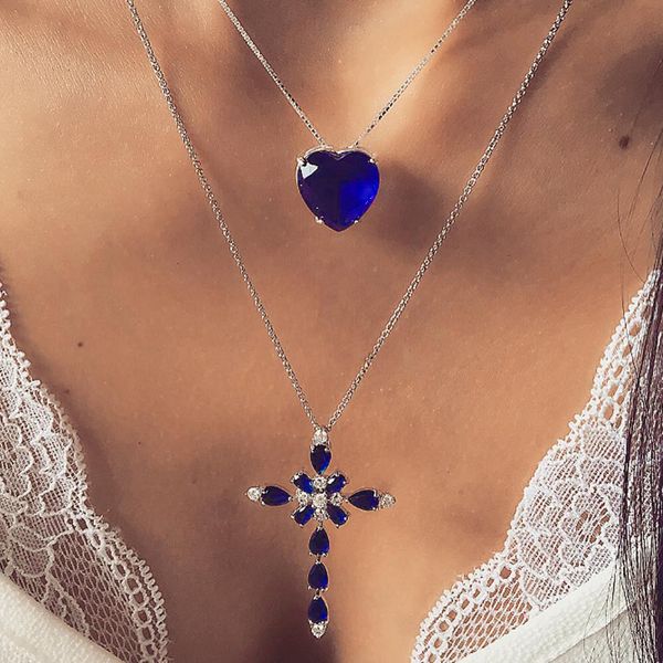 

shuangr multilayer blue crystal heart cross pendant necklace for women rhinestone ocean jewelry choker statement bijouterie gift, Silver