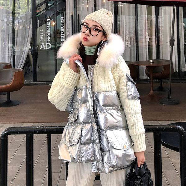 

women down parkas sweater stitching fur down jacket female thicken warm coat silver gold outwear fashion hooded jacket, Black