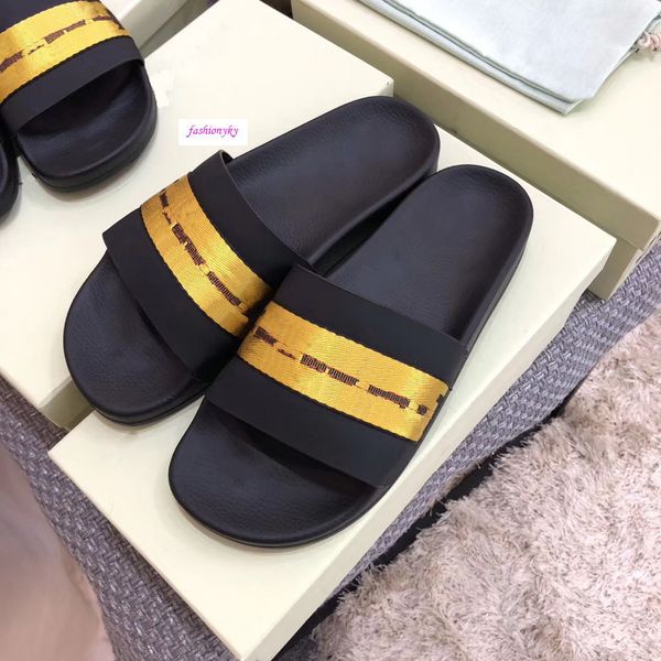 

fashion designer off leisure indoor beach slippers white printing couple slippers with box, Black