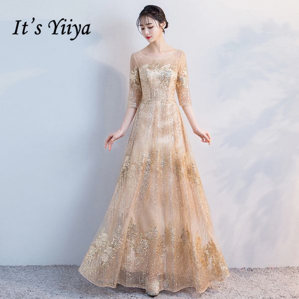 

it's yiiya evening dress elegant lace illusion lace up formal dresses three quarter sequined long straight party gown e348, White;black