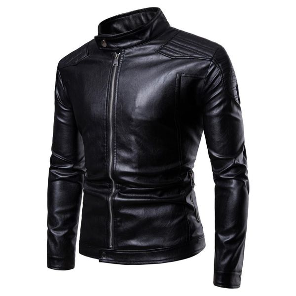 

dropshipping fashion pure color moto bike jacket fashion new collar washed pu leather hige-grade long sleeves coat, Black