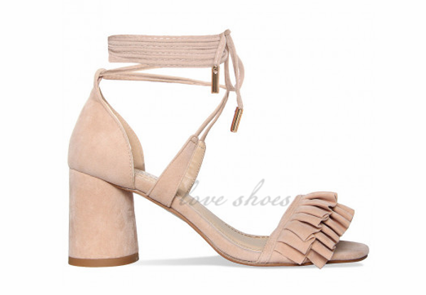 

nude suede ruffle lace up mid heels womens shoe stores online, Black