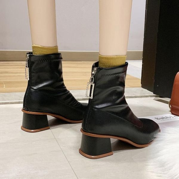 

winter boots women shoes woman boots fashion square heel square toe ankle booties 2020 winter short fur warm x458, Black