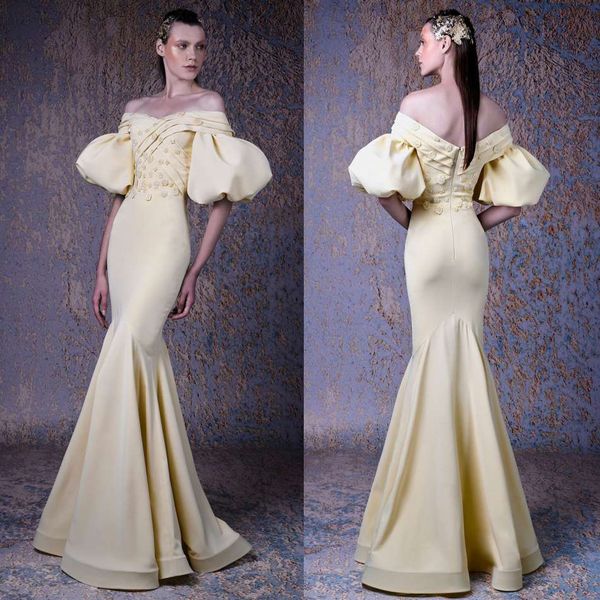 2019 Amarelo Sereia Vestidos de Noite Fora Do Ombro Floral 3D Appliqued Cetim Prom Vestidos Árabes Longos Formal Vestido de Festa