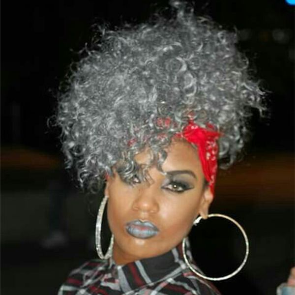 

sliver grey hair kinky curly pony tail high puff afro ponytail drawstring ponytail natural elastic drawstring kinky curly bun hair acces, Black