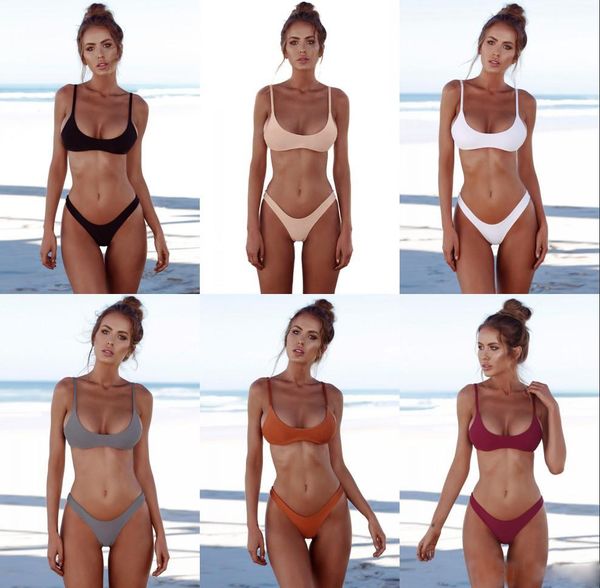 

dhl new solid thong brazilian bikini 2 piece set swimwear women plus size swimsuit halter bikini set simple bathing suit