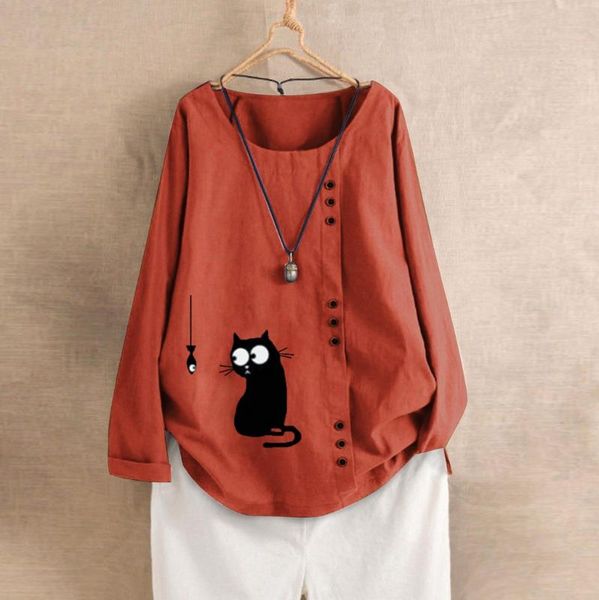 

women's blouses & shirts womens cat print blouse plus size shirt long sleeve cotton linen kaftan ladies baggy button casual, White