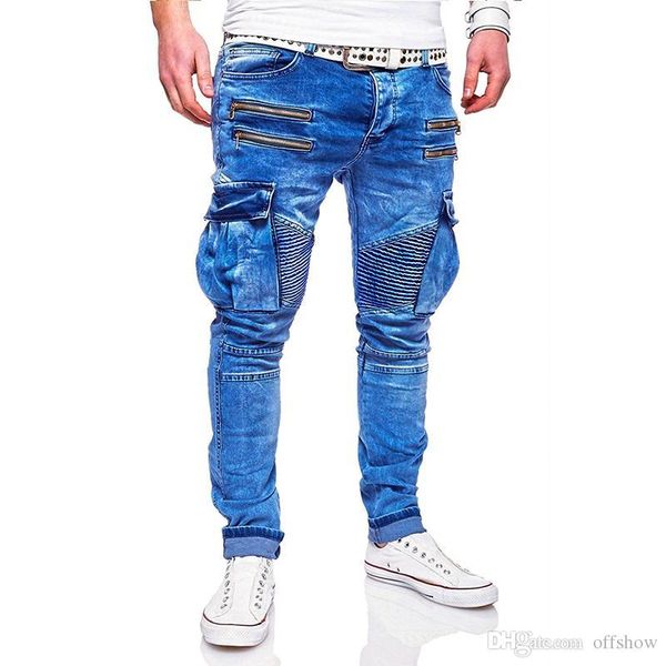 

2020 new designer spring hombres jeans mens fashion blue zippers ripped biker jean trousers men