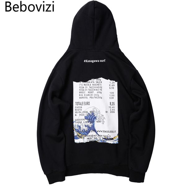 

bebovizi streetwear japan style sweatshirts wave print hip hop hoodies japanese men casual pullover hooded, Black