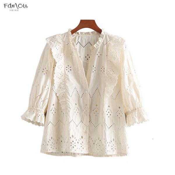 

Women Sweet Solid V Neck Blouse Three Quarter Hollow Out Sleeve Design Female Stylish Cute Chic Tops Blusas Lb218