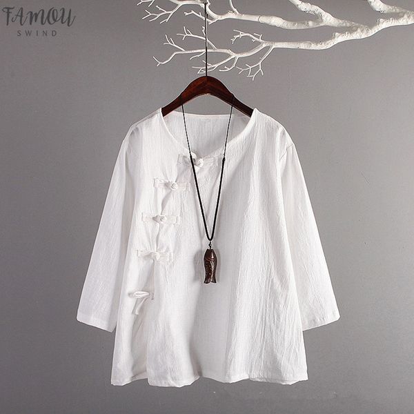 

spring autumn vintage slant buckle chinese regular women tea shirts literature loose simple art lace up solid color female linen, White