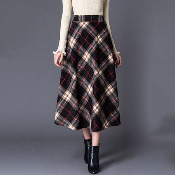 

autumn office ladies brit graphics long skirts plus size 3xl women's plaid retro a-line mid-calf high waist woolen skirts, Black