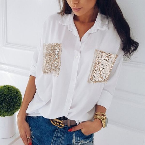 

blouses for women clothes women fashion shirt casual long sleeve chiffon sequined pocket long sleeve blouses loose female blouse, White