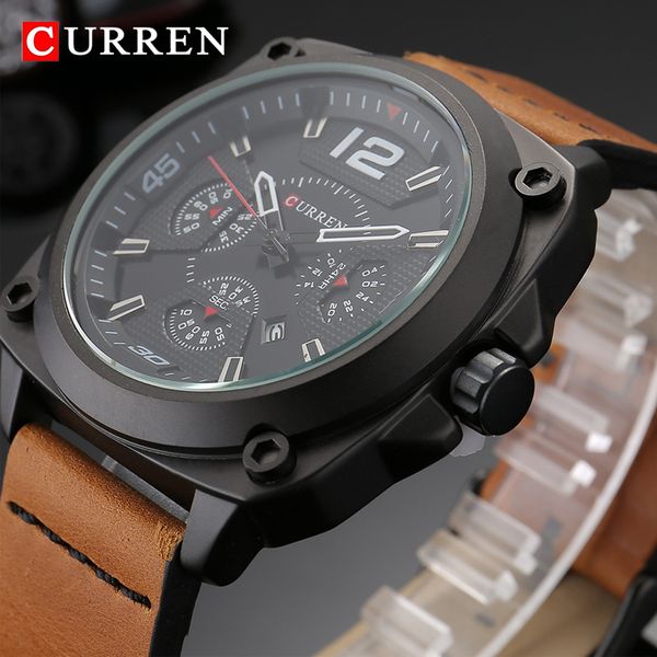 

curren chronograph men's brand quartz watch men fashion sport watches leather strap mens waterproof wrist watch reloj hombre, Slivery;brown