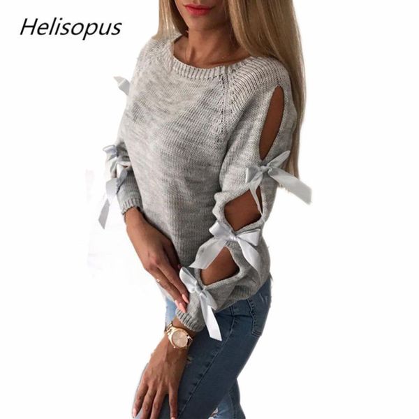 

helisopus 2019 new women autumn ladies solid knitted jumper sweater long sleeve hollow out bow casual pullover knitwear, White;black