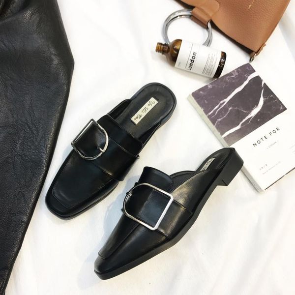 

mules shoes woman summer metal belt buckle square toe low heels slippers soft leather comfy slides femme brief casual flip flops, Black