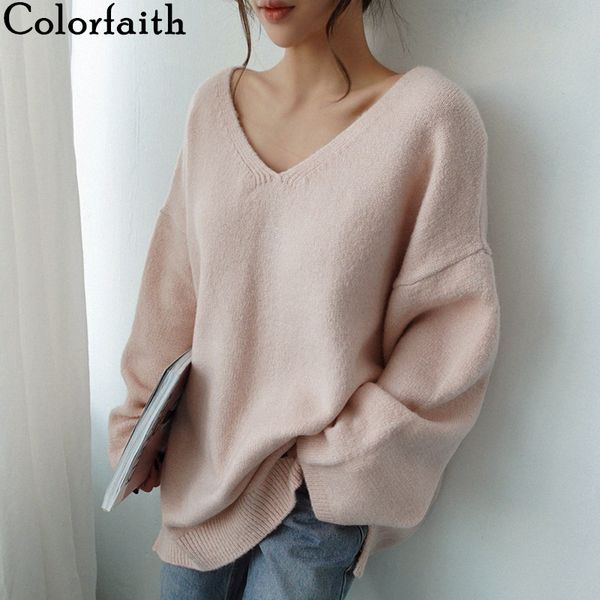 

colorfaith new 2019 autumn winter women's sweaters v-neck long sleeve fashionable korean style knitting casual pink sw8108, White;black