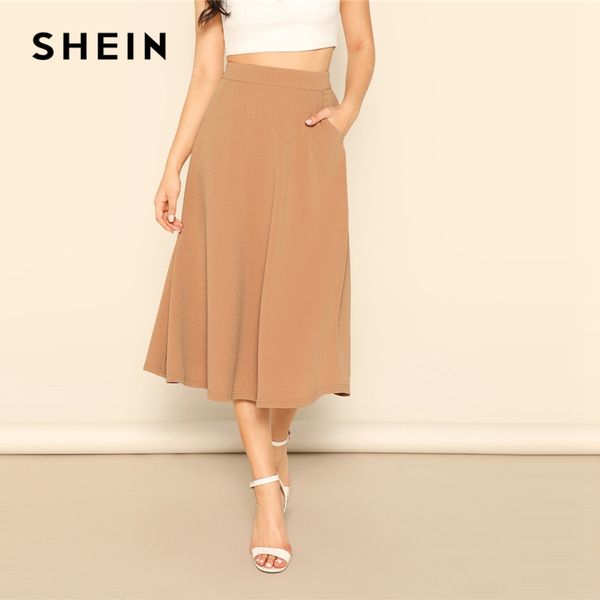 

shein camel pocket side high waist plain flared a line zipper skirt womens 2019 spring elegant casual streetwear midi skirt, Black