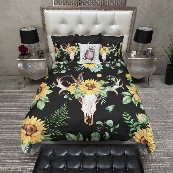 

sunflower skull dead bedding set bedroom black background decor hypoallergenic quilt cover 1pc duvet cover with pillowcase