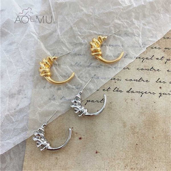 

aomu 2020 new distortion interweave distortion knot metal c shape geometric hoop earrings for women accessories retro jewelry, Golden;silver