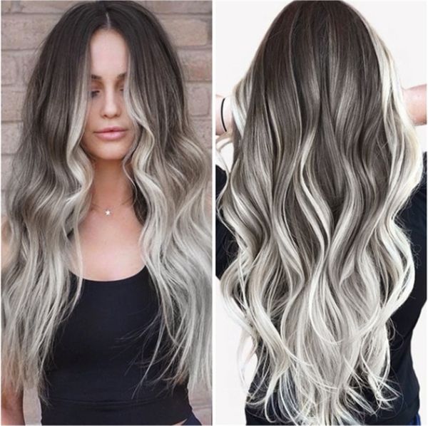 

fashion gray gradient color long curly hair big wave curly hair high temperature fiber chemical fiber wigs rose lace hair net, Black