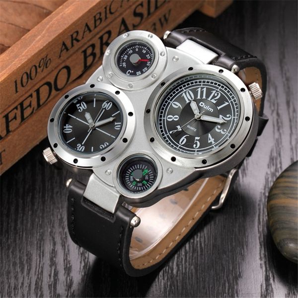 

watch men two time zone thermometer compass unique large dial men's sport watches quartz wristwatches male clock, Slivery;brown