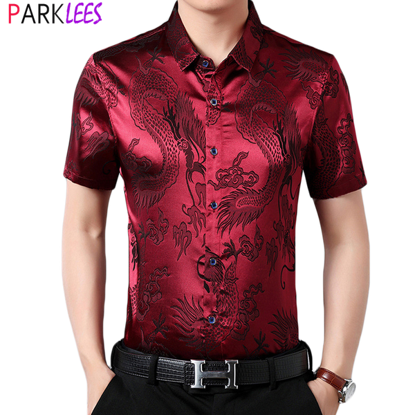 

wine red silk satin shirts for men 2020 summer fashion chinese dragon jacquard mens dress shirts casual button down chemise 3xl, White;black