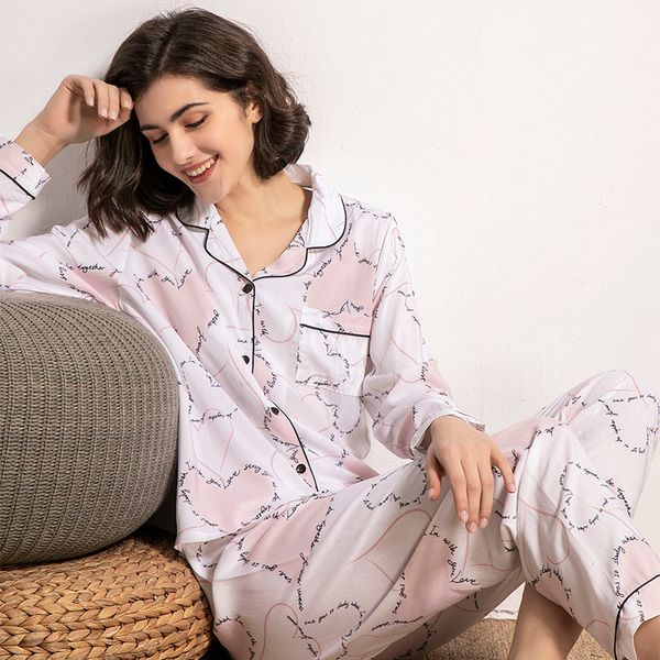 

pink heart printed women comfort pajamas set loose thin homewar ladies soft cotton satin turn-down collar casual wear for spring, Black;red