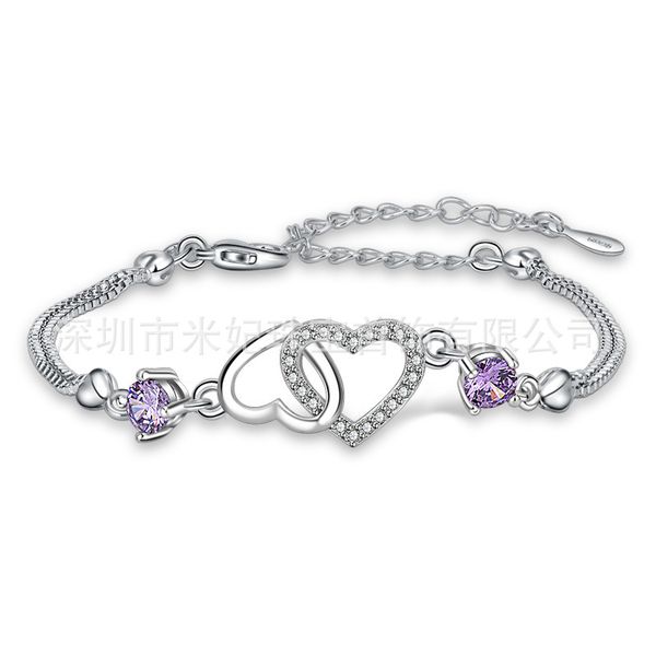 

love double heart cz stone welded box chain bracelet romantic love minimalist silver plated jewelry chain, Black