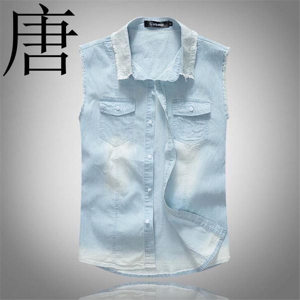 

tang cool 2019 summer men's light pale blue lightweight thin denim vest slim sleeveless casual cotton shirt tank top, Black;white