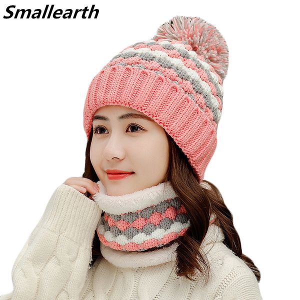 

new winter pompom hat and scarf set for women girls plus velvet warm caps female winter casual thick knitted hats 2 pieces set, Blue;gray