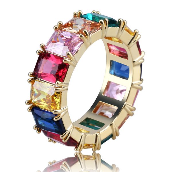 

2019 wholesale cross-border european and american hip hop men's micro-inlaid zircon ring color square zircon rainbow ring hiphop ring, Silver