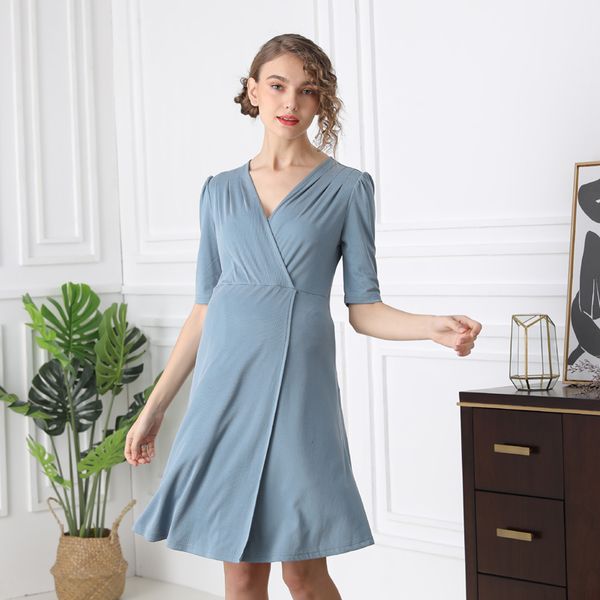 

maternity dresses summer new v-neck five-point sleeves long shirt commuter fashion tide mother breastfeeding skirt, White
