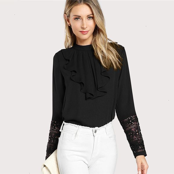 

женская блузы женщина топы черный streetwear элегантная дама волан шеи шнурка тумака сборки твердая блуза осень женщины спецодежда рубашка t, White