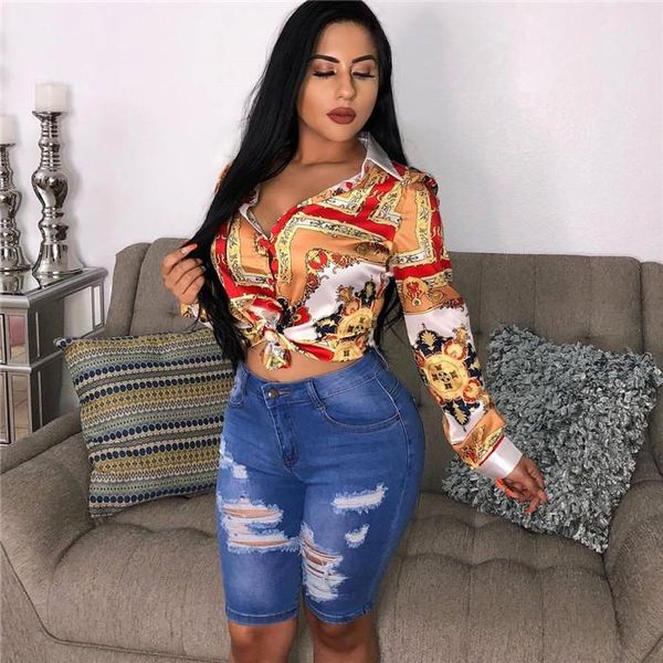 

сексуальный дизайнер женские летние рубашки с отворотом с длинным рукавом блузки с цветочным принтом ночной клуб повседневная одежда, White