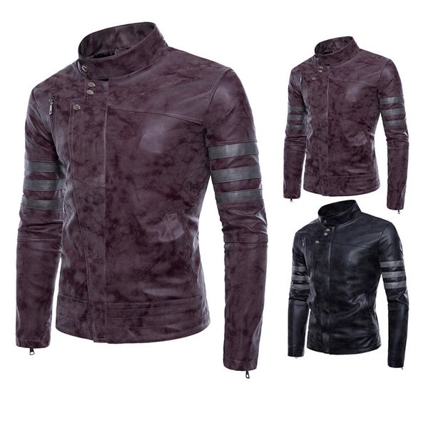 

men's wear vintage retro stand collar locomotive leather coat sportsman leather jacket large size coat py052, Black