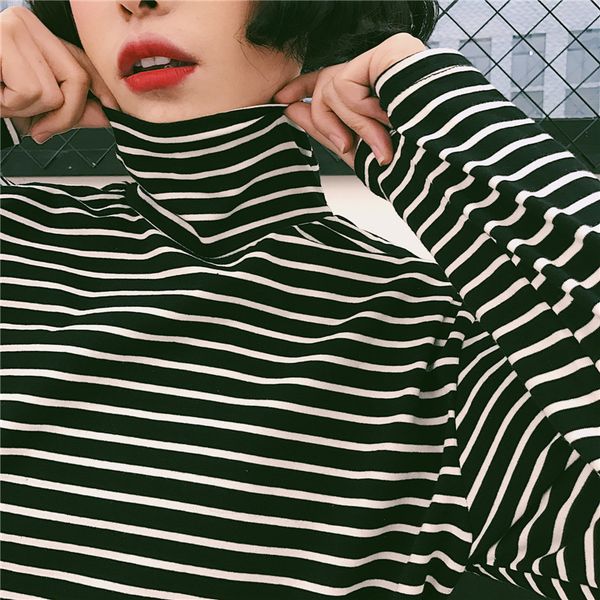 

autumn spring women striped turtleneck t-shirts girls full sleeve boyfriend style tees t shirts clothing for women jm7286, White