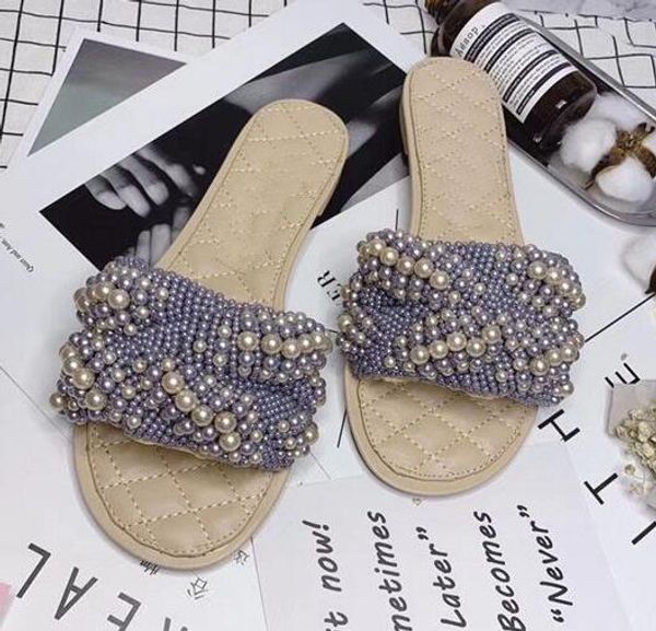 

luxury new pearl womens slippers flat heels sheepskin machine embroidery casual walking flip flops leisure shoes size 35-42, Black