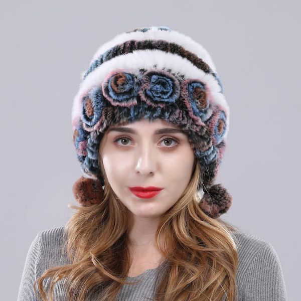 

elastic knitted real rex fur hat women winter genuine rex fur hat natural fashion cap, Blue;gray
