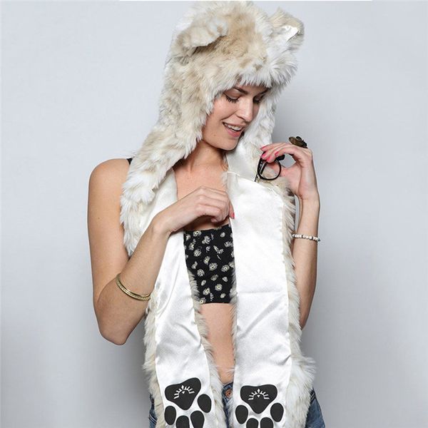 

multifunction scarf women winter animal wolf cat ear hat beanies with mittens gloves fuzzy fluffy plush beanie #40, Blue;gray