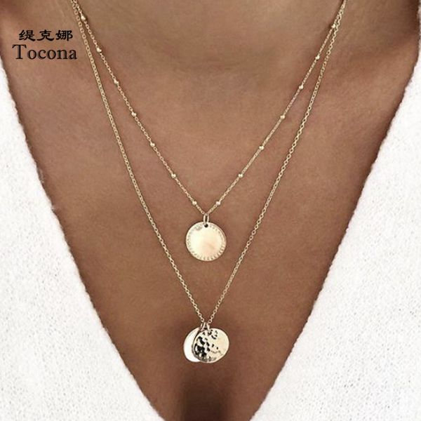 

tocona bohemian 2 layers charms pendant necklace for women geometry round chain chockers minimalist jewelry wholesale a11407, Golden;silver
