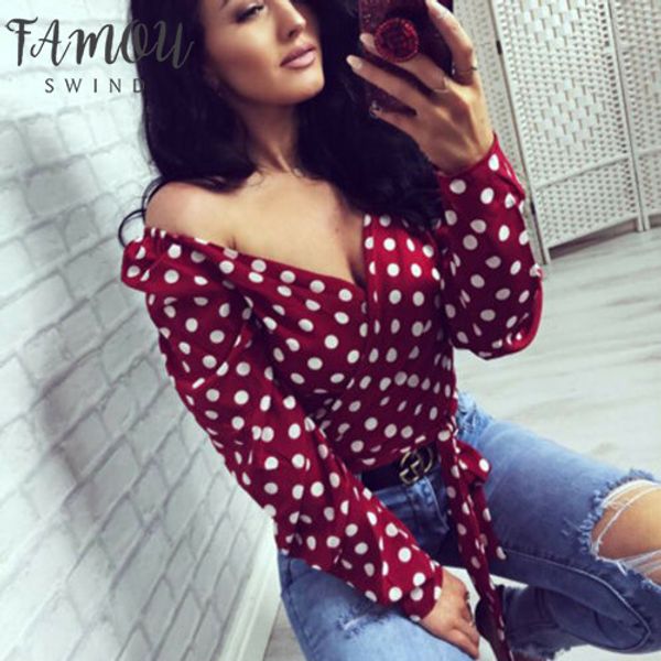 

polka dot blouse women office lady long sleeve shirt black white red fashion loose elegant button up womens blouse