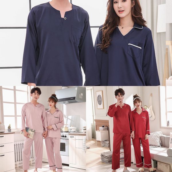 

couple imitation silk long-sleeved thin young simulation pajamas pajamas women and men loose home clothes autumn, Blue;red