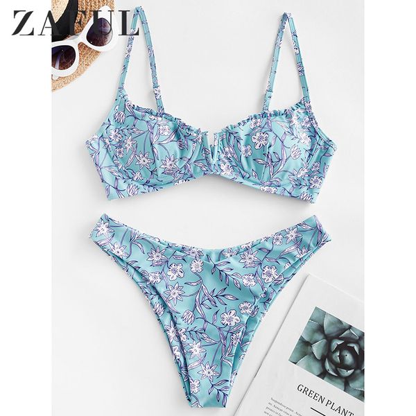 

zaful floral print lettuce lace-up bikini set strapless off the shoulder bandeau bikini swimwear women bathing suit 2020
