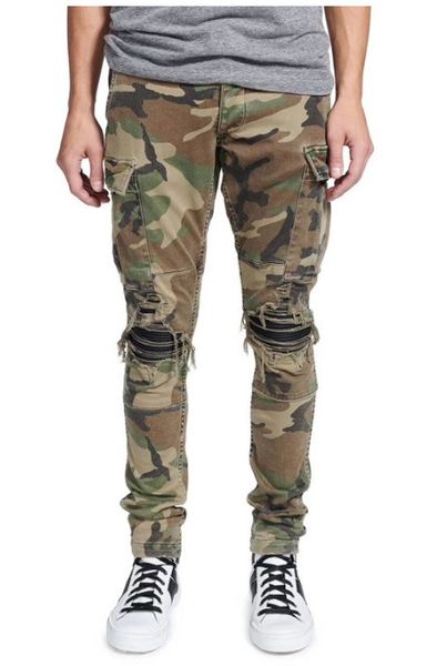

fashion streetwear men jeans camouflage big pocket cargo pants slim fit leather patch designer ripped hip hop jeans, Blue