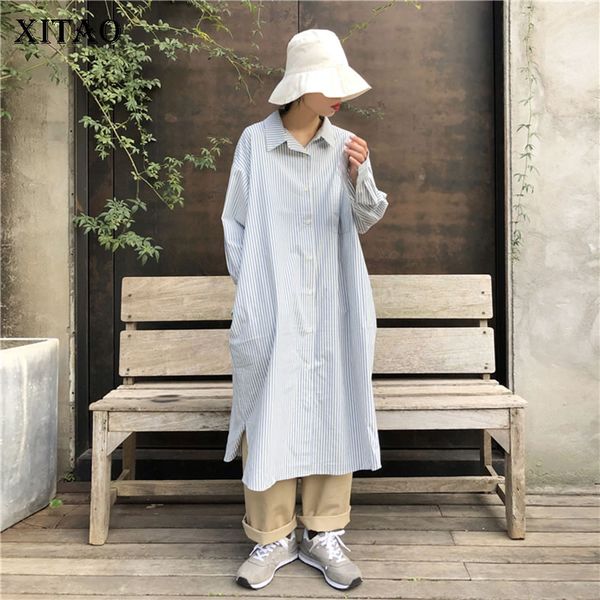 

xitao korean style plus size striped dress women long sleeve single-breasted loose women clothes 2020 spring dresses dmy4287, Black;gray