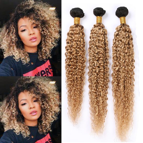 1b 27 Honey Blonde Ombre Human Hair Bundles 300gram Light Brown Ombre Dark Root Hair Extensions Kinky Curly 27 Ombre Virgin Hair Weaves Wavy Weave