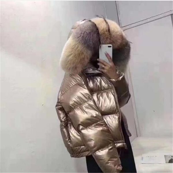 

winter glossy fabric golden silver big real fur collar hooded down coat female two face wear hooded warm down parkas, Black