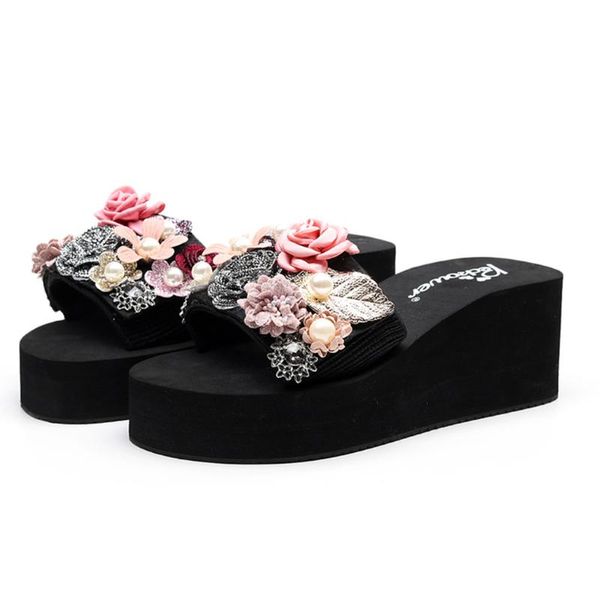 

bohemian large size non-slip slippers summer shoes women's wedges floral thick bottom outdoor slippers shoes 25, Black