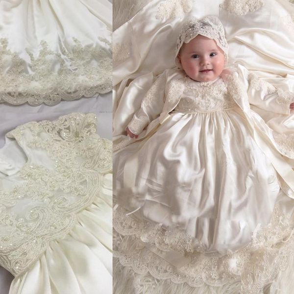 

vintage new long sleeve christening gowns for baby girls lace appliqued pearls baptism dresses with bonnet first communication dress, White
